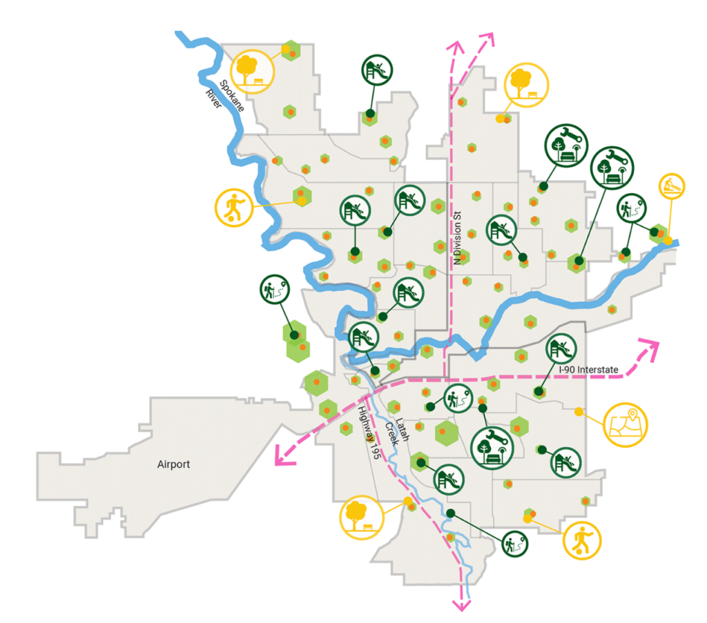 Map of the City of Spokane with markers identifying city park improvement locations. 